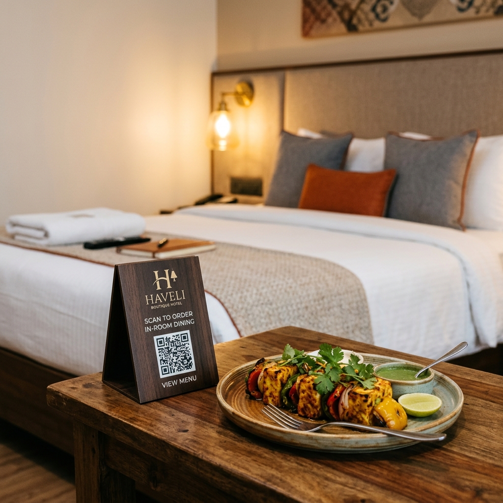 Hotel guest scanning a room QR code to order and pay for room service from their phone