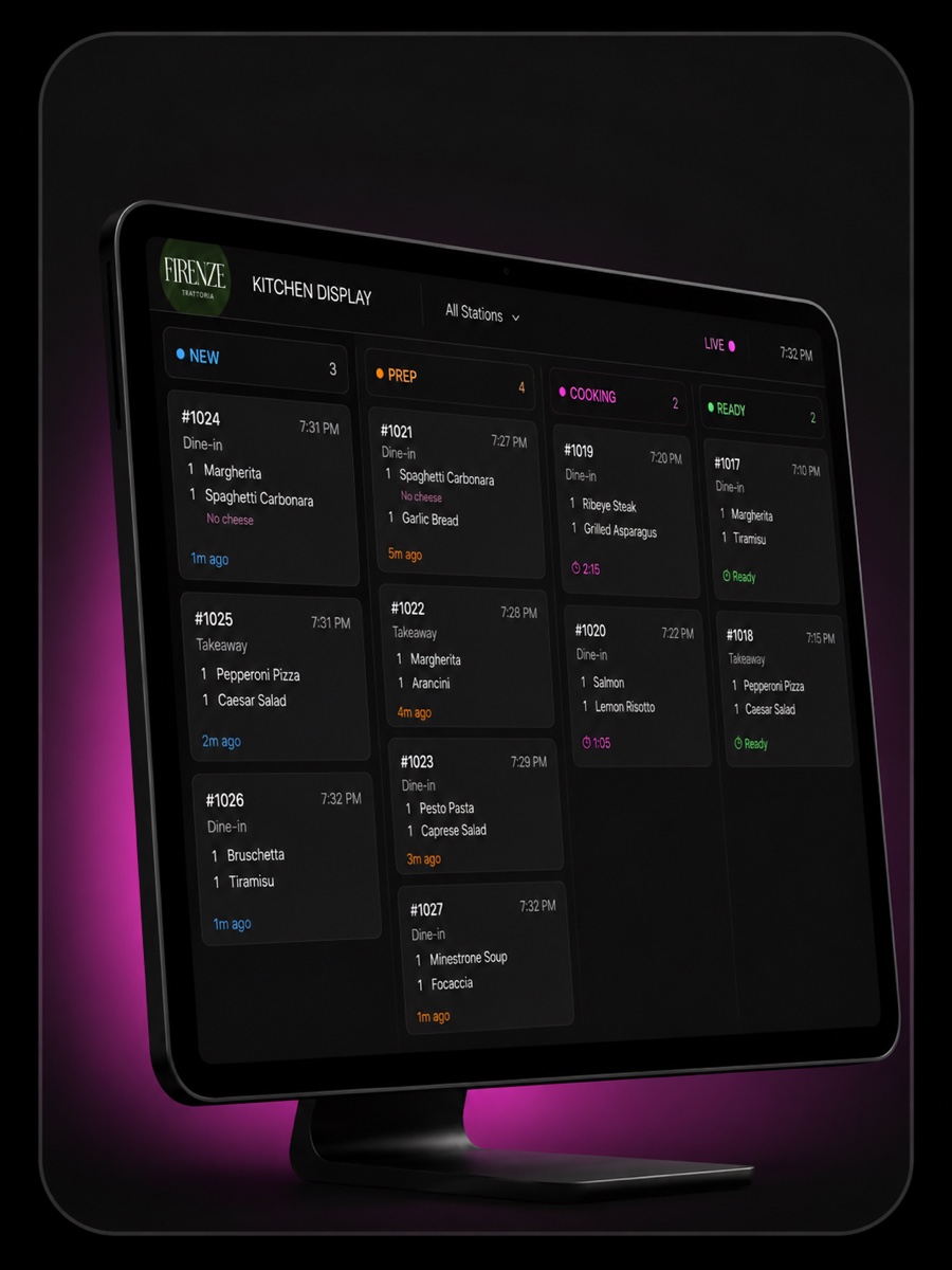 Kitchen display screen showing live room-service orders