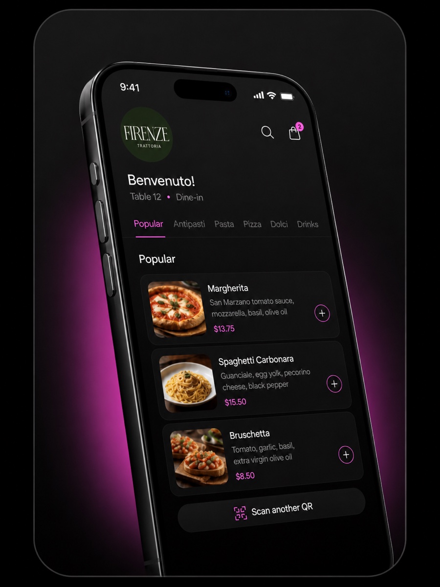 In-room dining QR menu open on a guest's phone