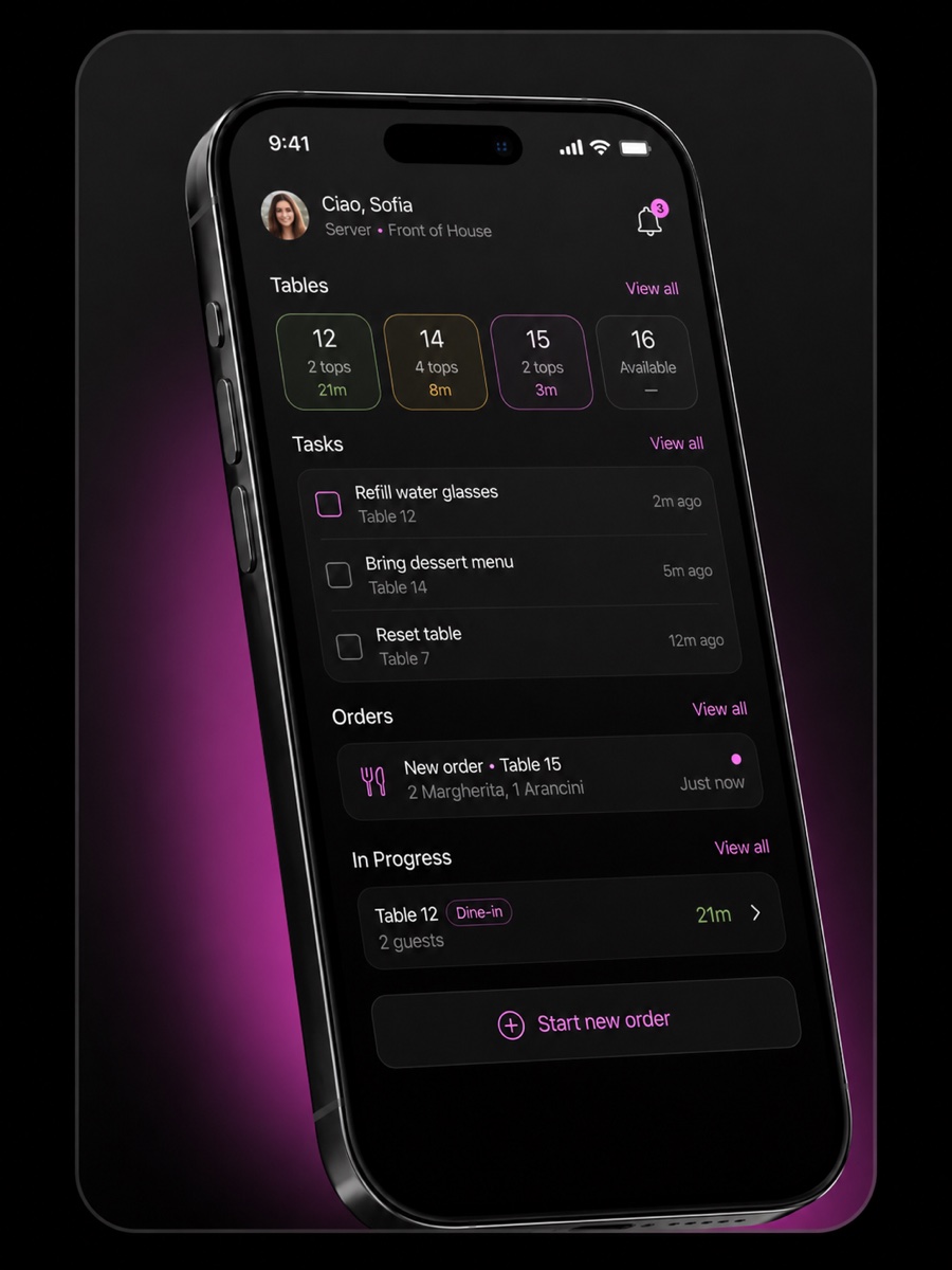 Staff app showing tables, tasks and live orders on a phone
